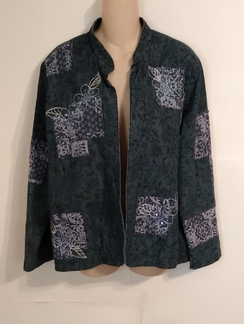 Open Boho Jeans Cotton Embroidery Sequin Flower Plus Jacket Lined